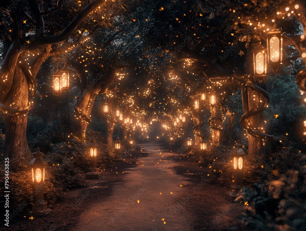 A dark forest with a path lit by lanterns