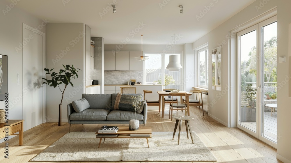 Fototapeta premium Sunny chic apartment living room embracing minimalist design