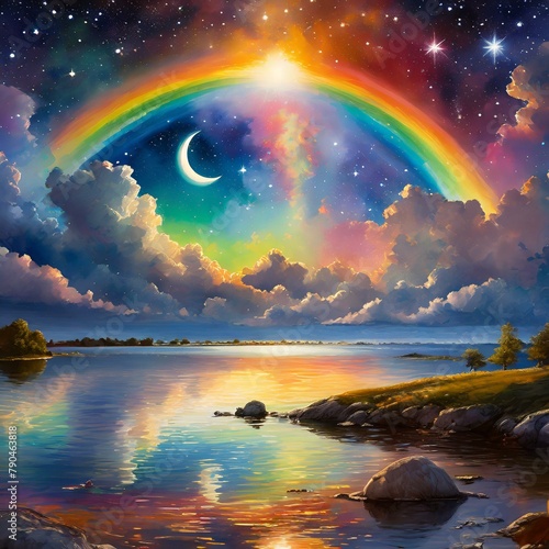  an awe-inspiring tableau featuring the sun, moon, stars, and a resplendent rainbow, each lending their magic to the canvas of the sky."