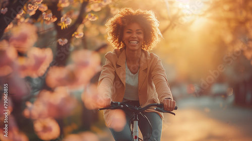a joyful woman laughing as she rides a bicycle through a sunlit city park © kura