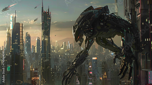 Alien robot destroying city close up view concept. Giant robots with red eyes are attacking on city and humans. photo