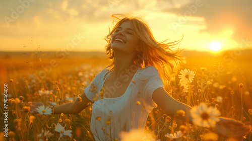 joyful woman dancing in a sunlit meadow
