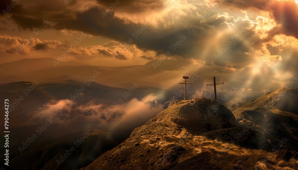 View of the Cross on the hill at dawn, with a beautiful sea of clouds View of the Cross on the hill at dawn, with a beautiful sea of clouds