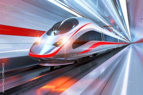 High-speed bullet train in Neo-Futuristic style, with silver and red dynamic forms