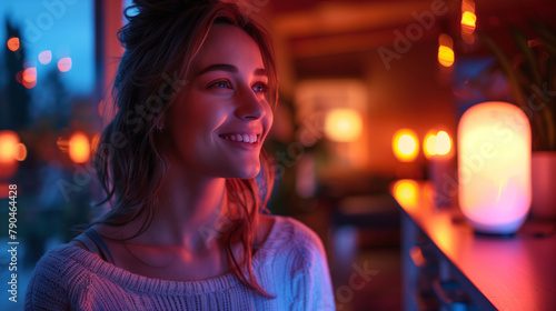 a happy woman at home at night