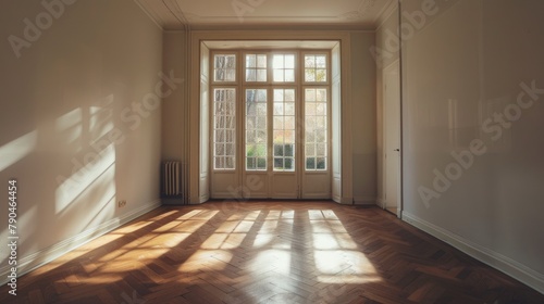 An unfurnished room featuring oak parquet flooring and a barred aluminum window © 2rogan