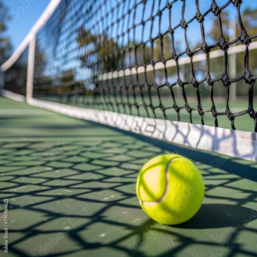 Close-up view of a tennis ball near the net on a sunlit court, a symbol of sportsmanship and activity © lemoncraft