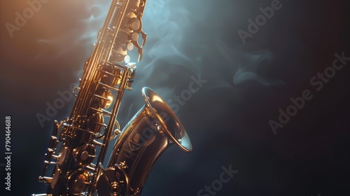 Mystique of jazz: Golden saxophone enveloped in blue smoke on a dark stage photo