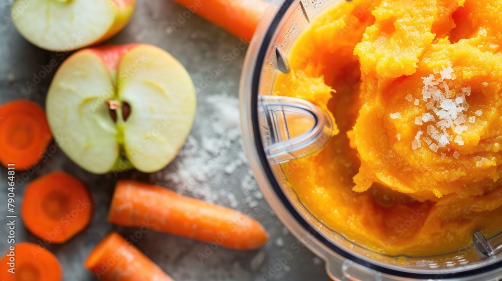 Close up of vegetable puree baby food with apple and carrot chopped in a blender for newborns Background texture of newborn s food Close up of vegetable puree baby food with apple and carrot chopped in a blender for newborns Background texture of newborn s food