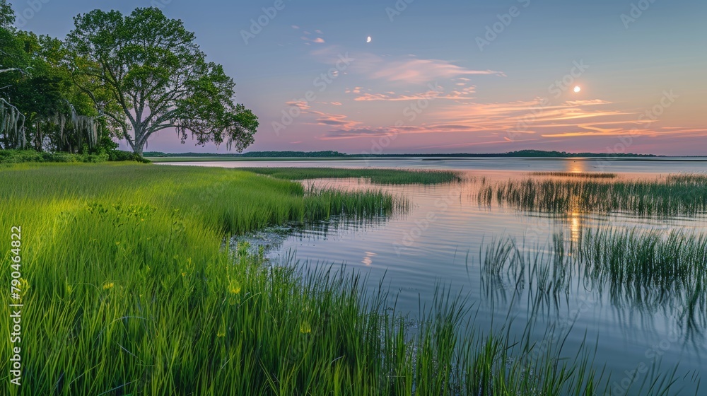 Twilight serenity over a calm lake with lush greenery and a clear view of the moon