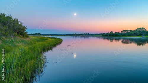 Twilight serenity over a calm lake with lush greenery and a clear view of the moon