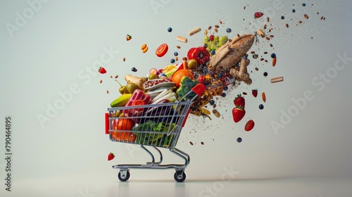 Explosion of fresh groceries and shopping items in a cart symbolizing abundant food choices