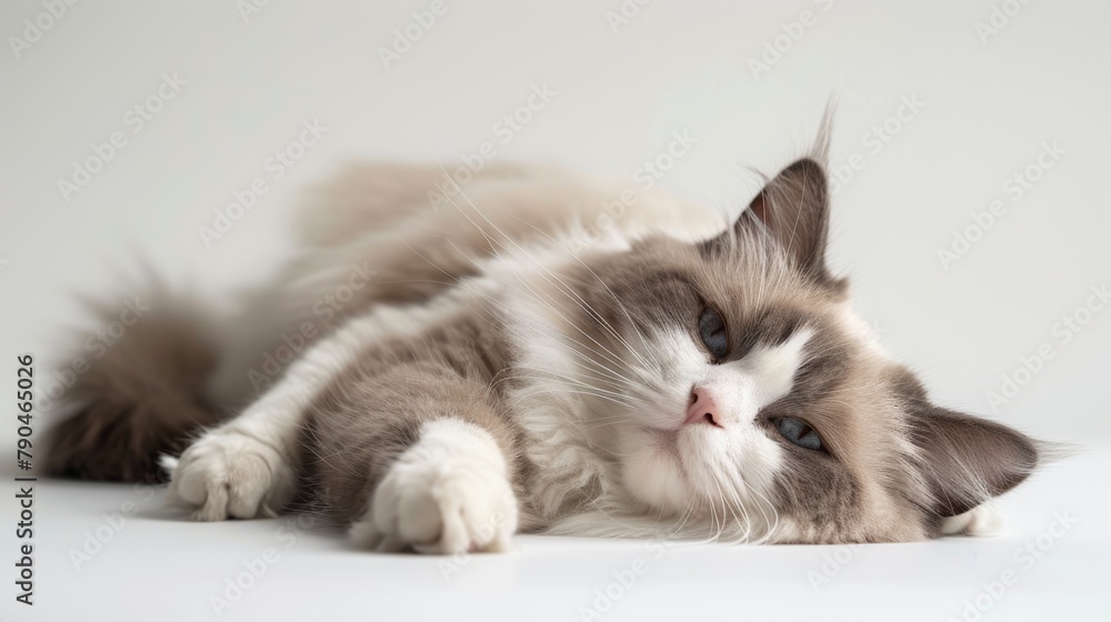 Captivating gaze: Ragdoll cat with striking blue eyes lying down on white background