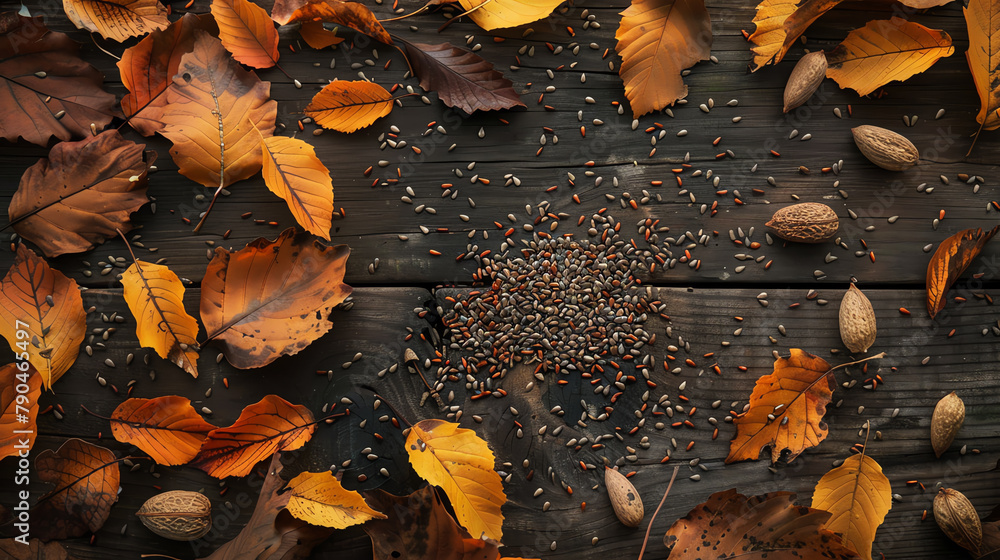 Overhead shot of scattered tree seeds on a rustic wooden table, surrounded by autumn leaves, creating a seasonal craft or gardening theme.