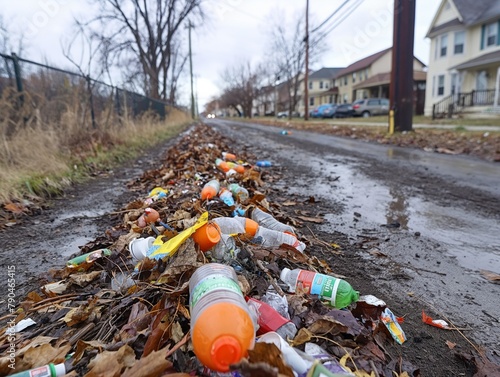 A road is covered in trash, including plastic bottles and cans. The scene is littered and unkempt, giving off a sense of neglect and disarray