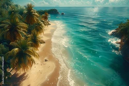 An aerial view of a tropical beach with palm trees and a body of water