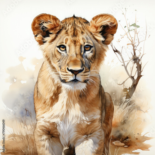 Watercolor East African or Masai Lion, clipart Illustration, Generative Ai © SantoshArt