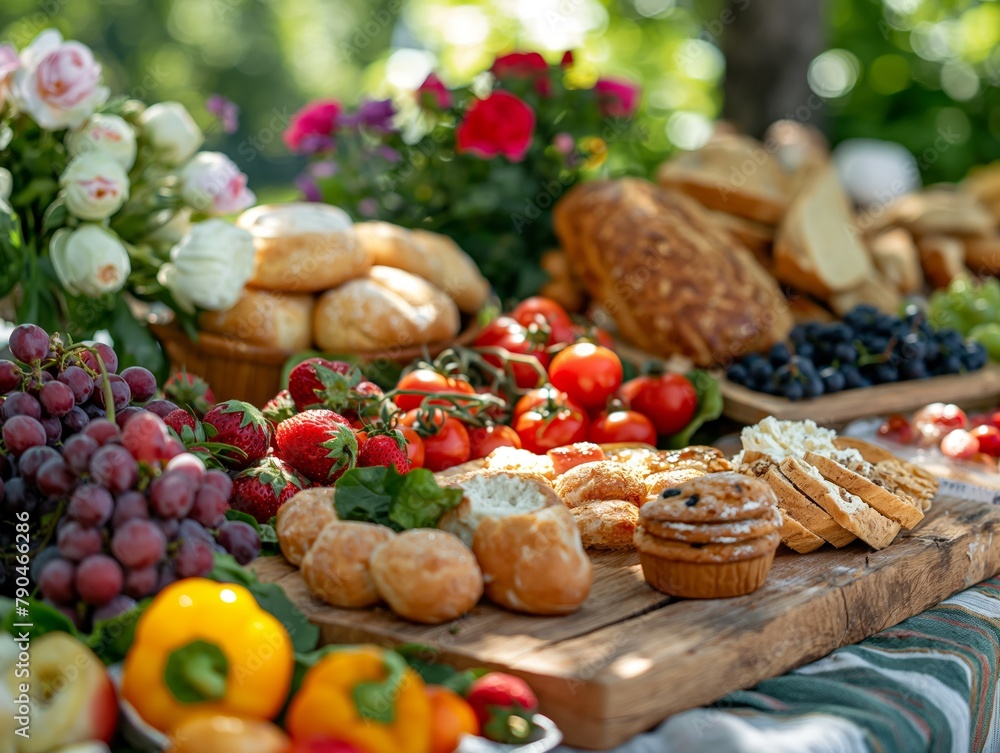 A table is covered with a variety of fruits, bread, and pastries. The table is set up for a picnic or outdoor gathering, with a blanket spread out underneath