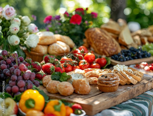 A table is covered with a variety of fruits, bread, and pastries. The table is set up for a picnic or outdoor gathering, with a blanket spread out underneath