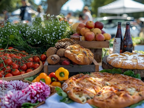 A table is covered with a variety of food, including pizza, bread, and fruit. The table is set up for a gathering or party, and the food is arranged in a way that is visually appealing and inviting photo