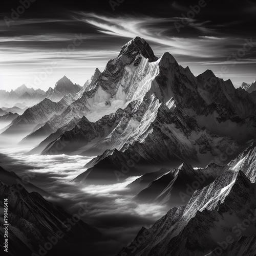 Mountain in clouds Black and white art print.