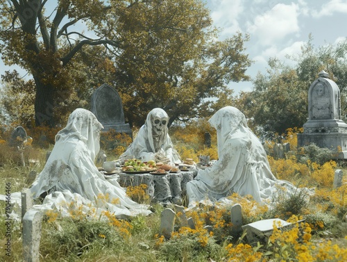 Three statues of women are sitting at a table with food in front of them. The table is surrounded by flowers and there are several graves in the background. Scene is eerie and mysterious photo