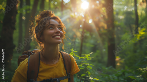 a joyful woman hiking along a sun-dappled forest trail