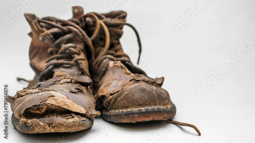 Worn-out brown leather boots with frayed laces on a white background.