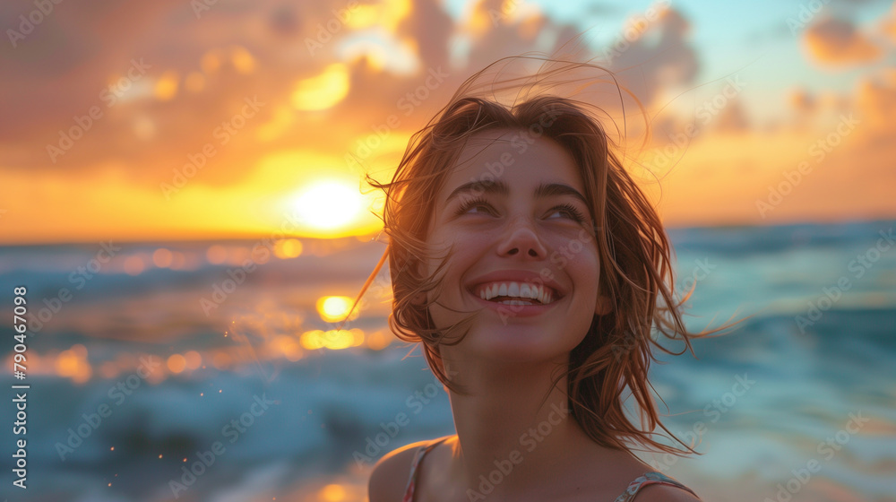 a joyful woman on a beach at sunse a joyful woman on a beach at sunse