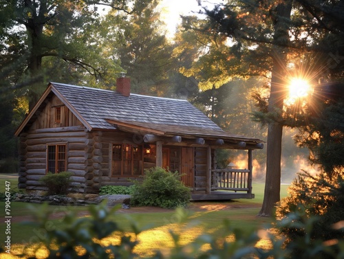 A small log cabin with a porch and a chimney. The sun is shining on the porch photo