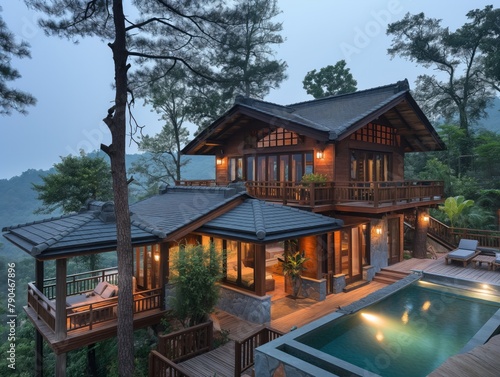A large house with a pool and a tree in the background. The house is surrounded by trees and has a lot of windows © MaxK
