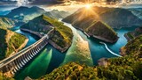 Top view, Hydroelectric dams span mighty rivers, their turbines churning the water's energy into renewable electricity, while reservoirs shimmer in the sunlight, storing energy for future use.