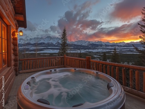A large, round hot tub sits on a deck overlooking a mountain range. The sky is filled with clouds and the sun is setting, creating a warm and inviting atmosphere