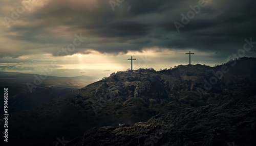 View of the Cross on the hill at dawn, with a beautiful sea of ​​clouds