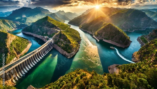 Top view, Hydroelectric dams span mighty rivers, their turbines churning the water's energy into renewable electricity, while reservoirs shimmer in the sunlight, storing energy for future use. photo