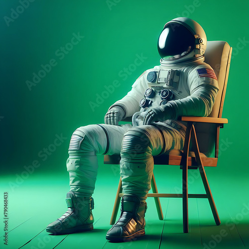 A man wearing a spacesuit is seated in a chair in a studio setting with a green screen background. photo