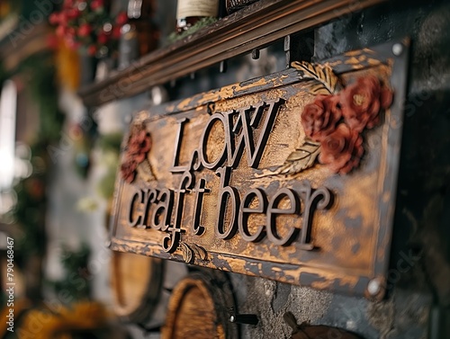 A sign that says Low Craft Beer. It is hanging on a wall. The sign is made of wood and has a flower design on it