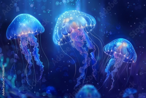 Jellyfish Glowing in Deep Sea with Bioluminescence  © Ekarat