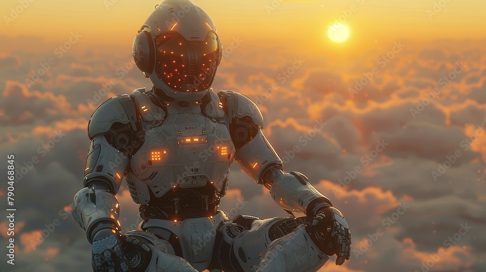 Robot Contemplating at Sunrise Above Clouds
