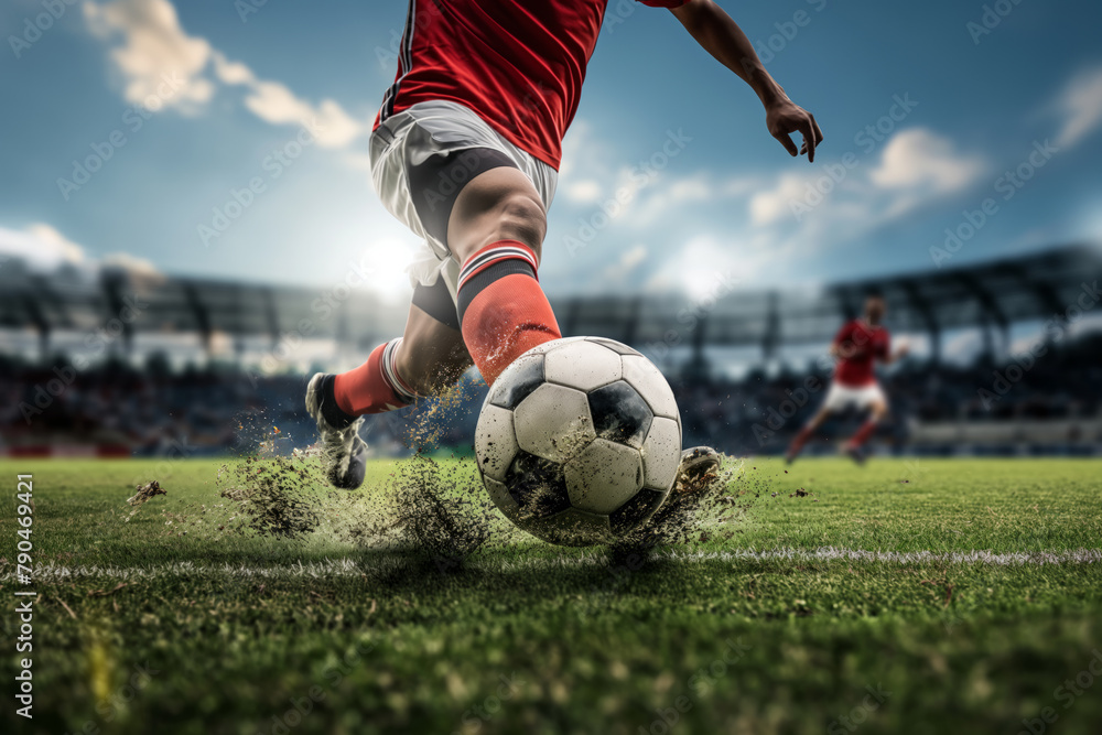 Naklejka premium A soccer player dribbling and kicking a ball on a field
