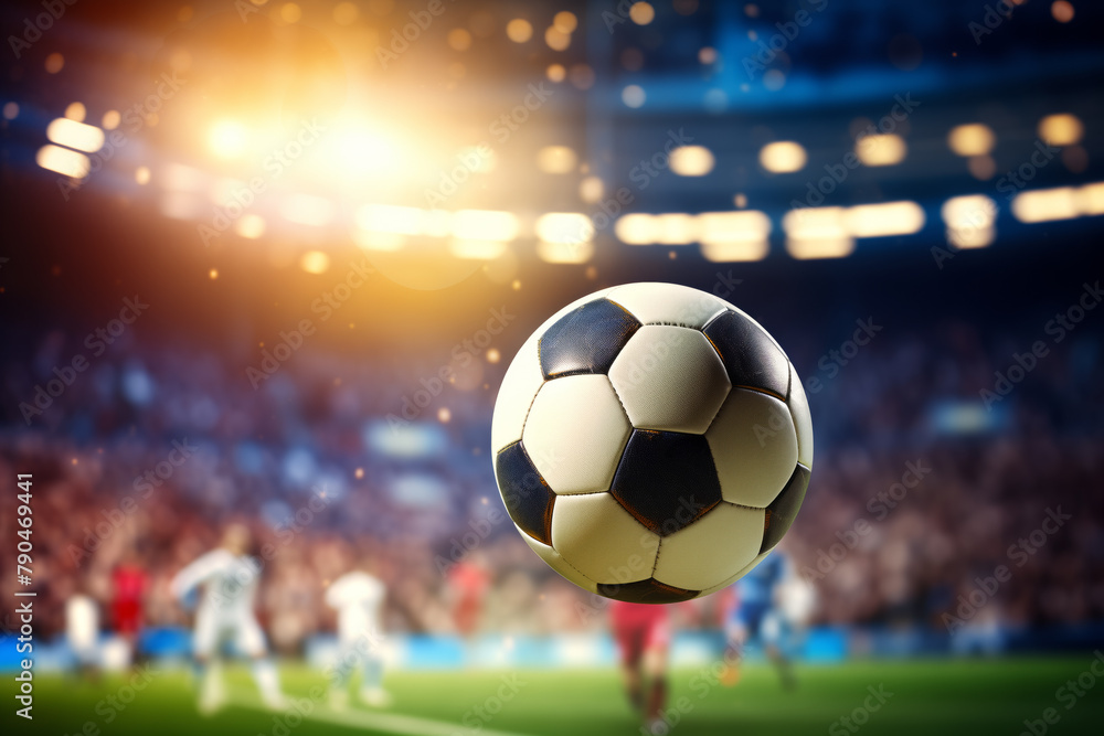 Fototapeta premium A soccer ball is in the air, surrounded by players on a field