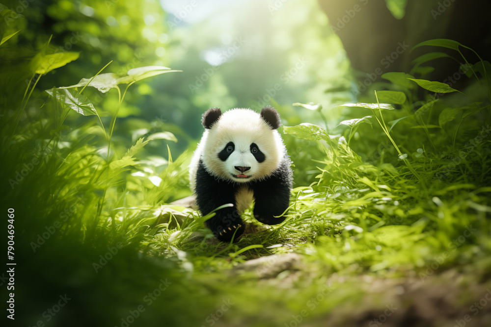 Obraz premium Adorable Panda Cub in a Bamboo Grove