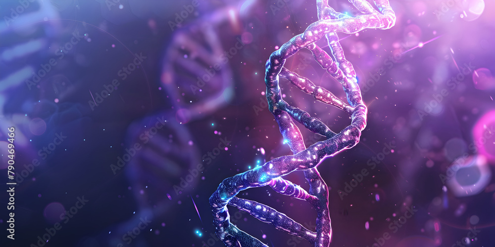 Animated DNA strand twisting and turning, representing genetic information, Digital 3D Visualization of Glowing DNA Helix in Purple and Pink Tones, DNA Structure in Vibrant Colors Animated DNA strand twisting and turning, representing genetic information, Digital 3D Visualization of Glowing DNA Helix in Purple and Pink Tones, DNA Structure in Vibrant Colors