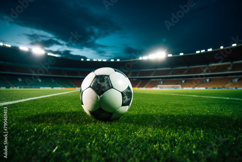 A soccer ball on a green field in soccer football stadium