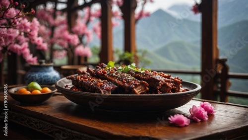 Sichuan Pork Ribs Pork ribs marinated in a spicy sauce and grilled or roasted.