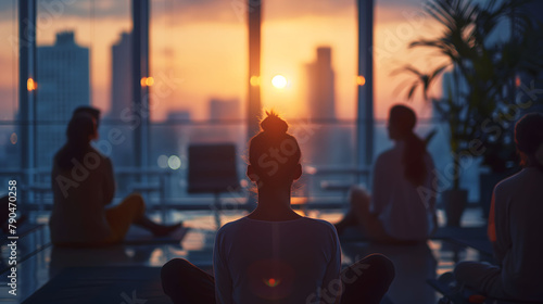Tranquil sunrise scene with silhouetted figures practicing yoga facing a cityscape through large windows