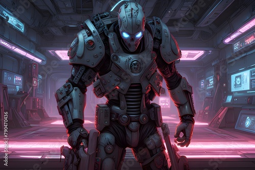 robot cyborg soldier, AI robot with a human-like appearance, standing tall and composed. Its metallic body gleams under the bright lights.