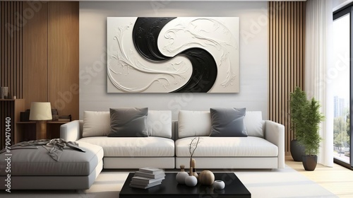 Abstract art interpretation of yin yang, vibrant black and white swirls on canvas, ideal for modern spiritual artwork photo