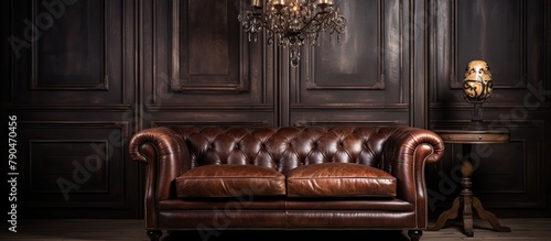 Brown leather sofa in dimly lit room © 2rogan