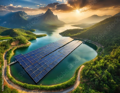 Top view, Floating solar arrays adorn reservoirs and water bodies, their panels harnessing sunlight while minimizing land use and enhancing water quality beneath the surface. photo